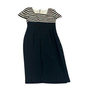 Vintage 1990s Liz Claiborne Petite Beige Black Striped Dress Button Slit Size 6